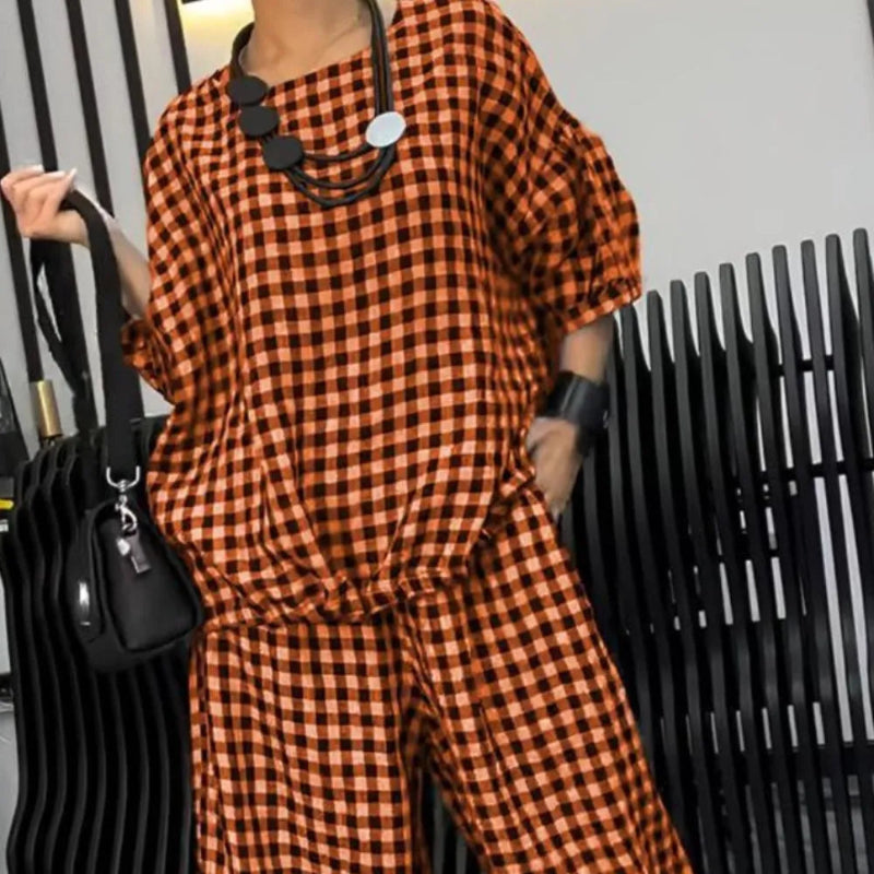 Plaid Round Neck Half Sleeve Top and Pants Set -runwayfashionista.com