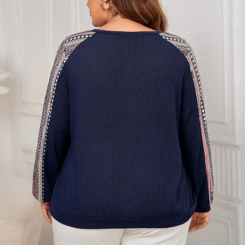 Honey Plus Size Printed Long Sleeve Sweatshirt in Black, Navy, Army Green with geometric print and round neck. Loose fit pullover