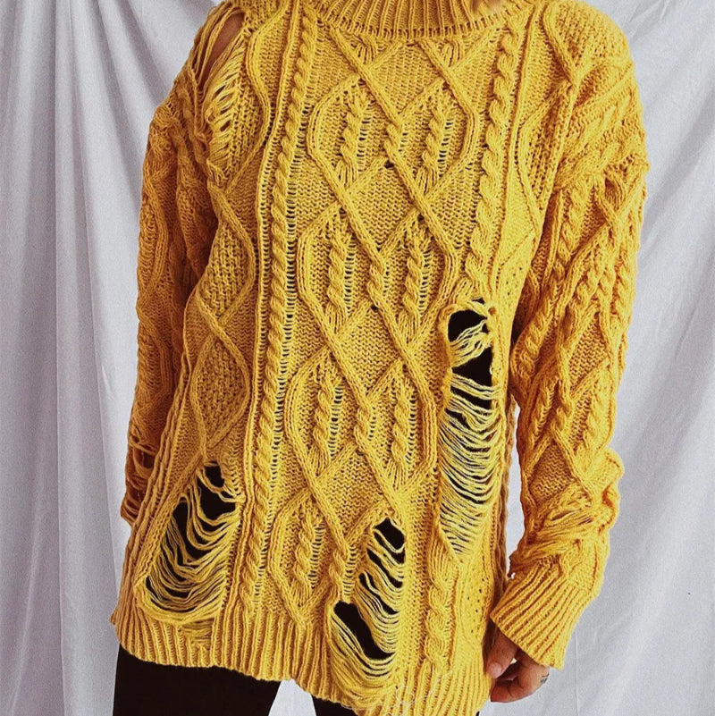 Distressed Cable-Knit Round Neck Long Sleeve Sweater -runwayfashionista.com