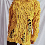 Distressed Cable-Knit Round Neck Long Sleeve Sweater -runwayfashionista.com