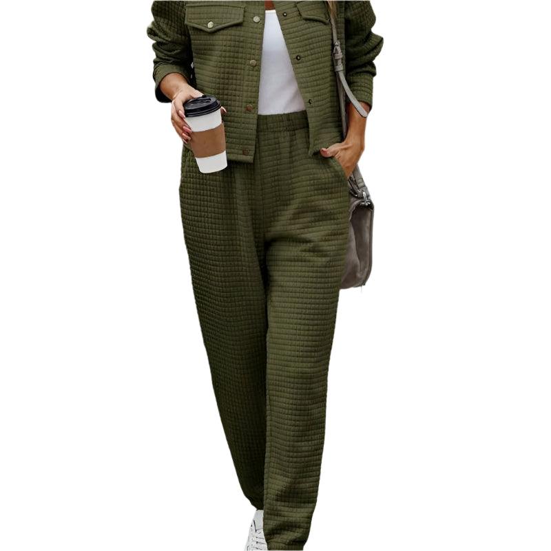 Plaid texture snap down top and pants set - runwayfashionista.com