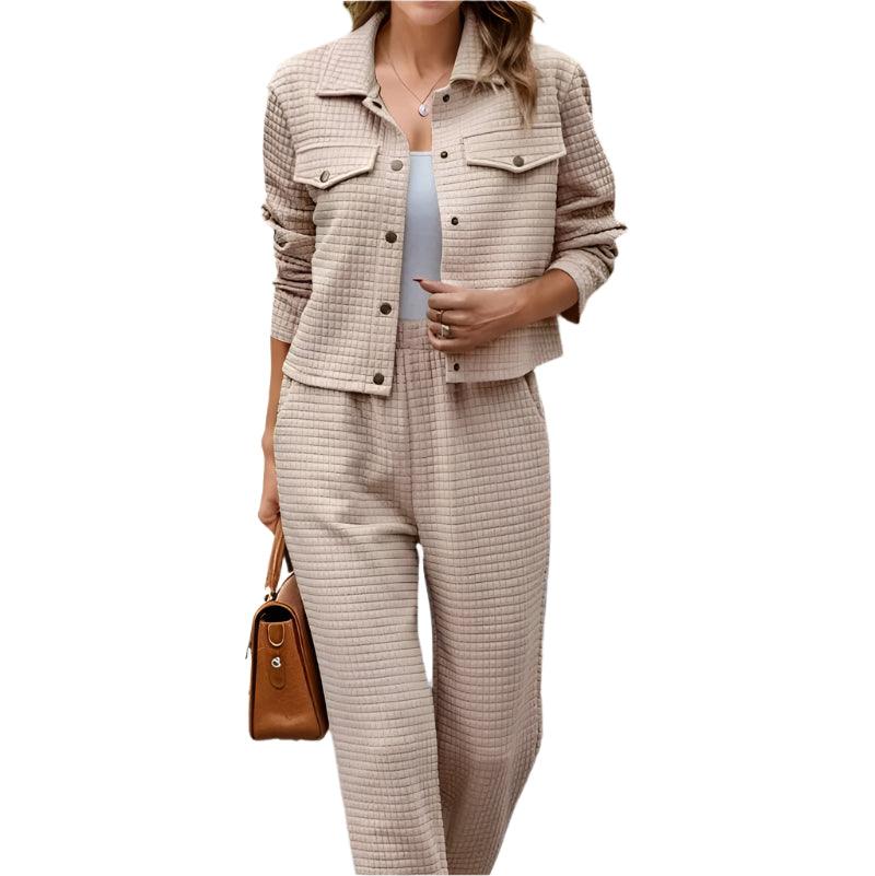 Plaid texture snap down top and pants set - runwayfashionista.com