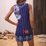 A backless, sleeveless mini dress with a starry sky print.