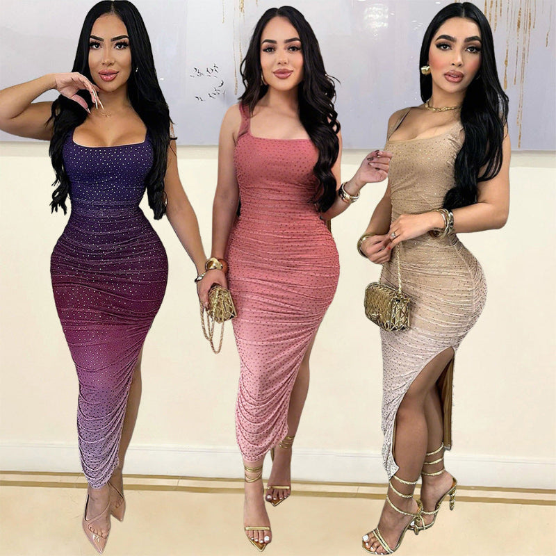 A dazzling purple backless bodycon sequined dress with a high slit and a one-shoulder neckline.