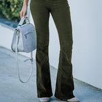 Corduroy High Waist Flared Pants - olive green