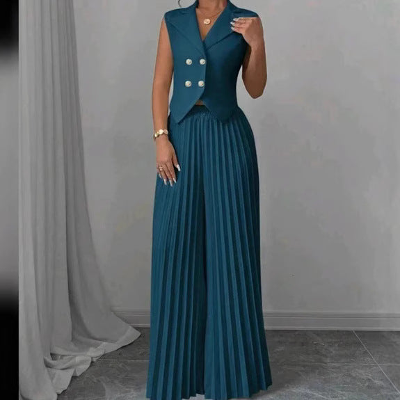 Vest Top And Pleated Straight Pants Set - peacock green
