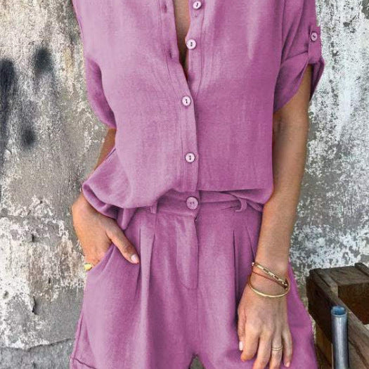 Lapel Button Shirt Top And Pocket Shorts - purple
