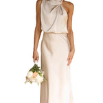 Draped Halter Neck Satin-Finish Midi Dress