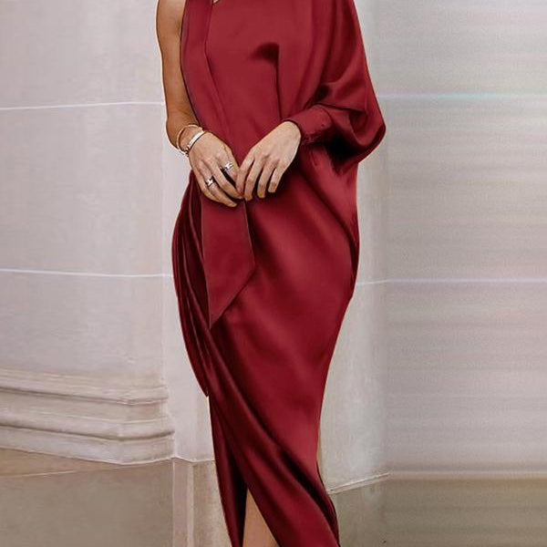 One-Shoulder Batwing-Sleeve Satin Fluid Draped Asymmetric-Hem Maxi Evening Dress - red