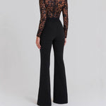 Black See-through Lace Long-sleeved Trousers Jumpsuit