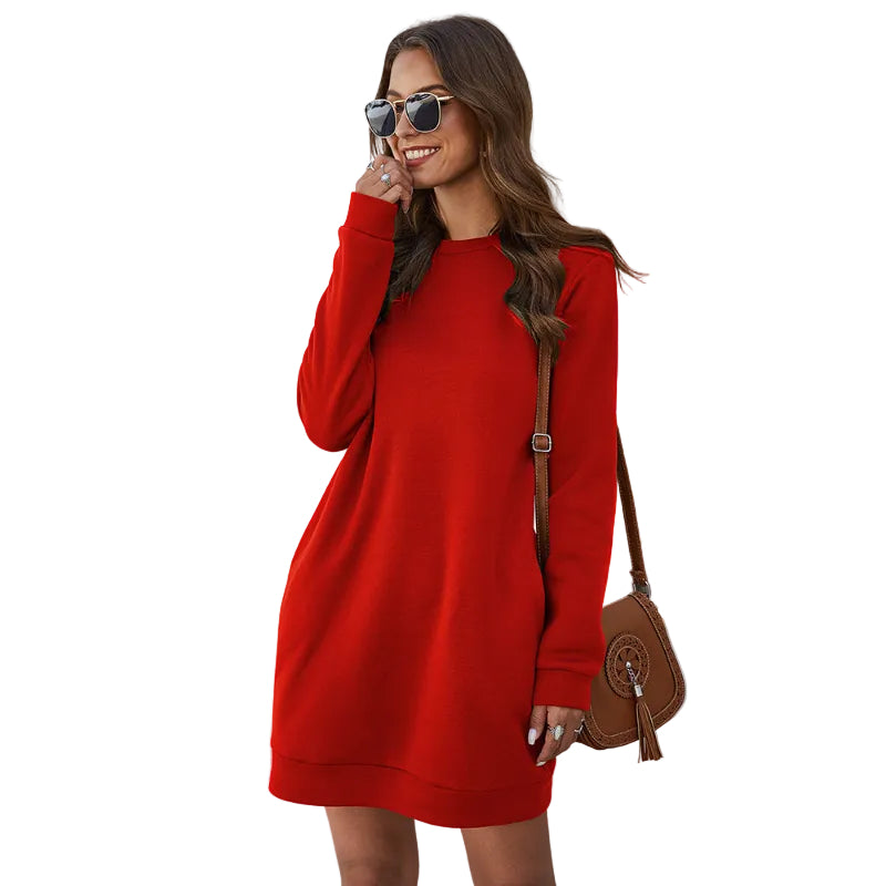 Long Sleeve Crew Neck Sweater Dress - red