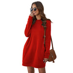 Long Sleeve Crew Neck Sweater Dress - red
