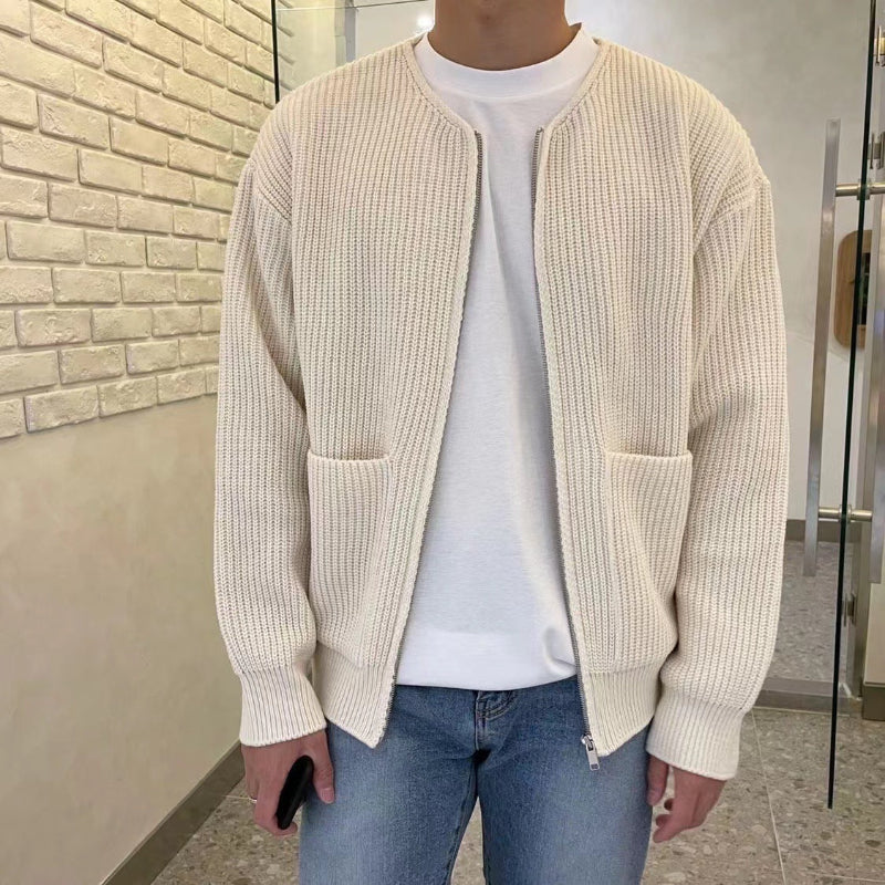 Zip Up Knitted Cardigan - beige