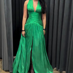 Emerald Green Plunging Neckline Gown With Pleated Skirt And Side Slit
