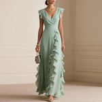 V-Neck Ruffle Maxi Dress - green