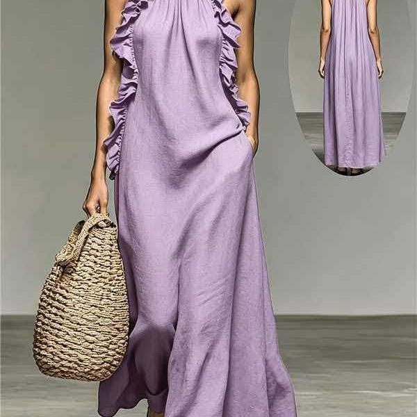 Resort Style Ruffled Halter Neck Sleeveless Maxi Dress - light purple
