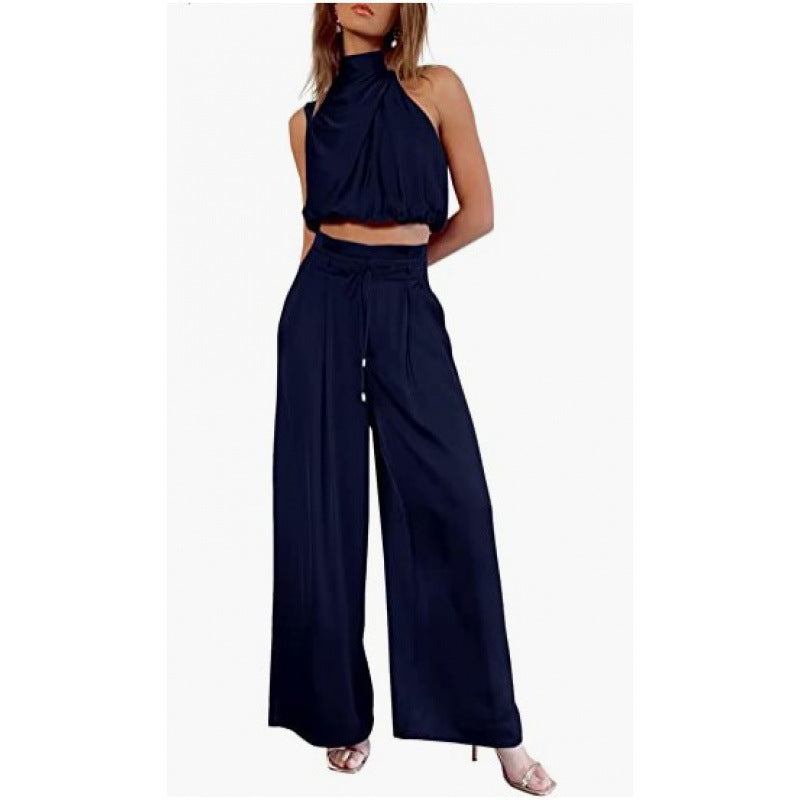 Casual Sleeveless Midriff-baring Top And Wide Leg Pants 2pcs Set - navy