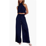 Casual Sleeveless Midriff-baring Top And Wide Leg Pants 2pcs Set - navy