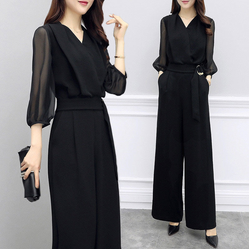 Black V-Neck Sheer-Sleeve Elasticated-Waist Wide-Leg Jumpsuit