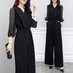 Black V-Neck Sheer-Sleeve Elasticated-Waist Wide-Leg Jumpsuit