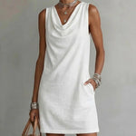 Draped Neck Sleeveless Vacation Mini Dress - white