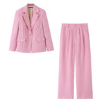 Single Button Blazer & Pleated Wide Leg Pants 2-Piece Suit Set