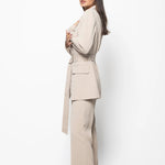 Elegant Solid Color Belted Blazer & High Waist Pants Set - beige