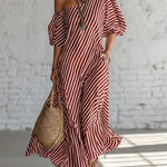 Striped Print Short-Sleeved Maxi Dress - red