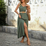 Round-neck Sleeveless Split Midi Dress - army green