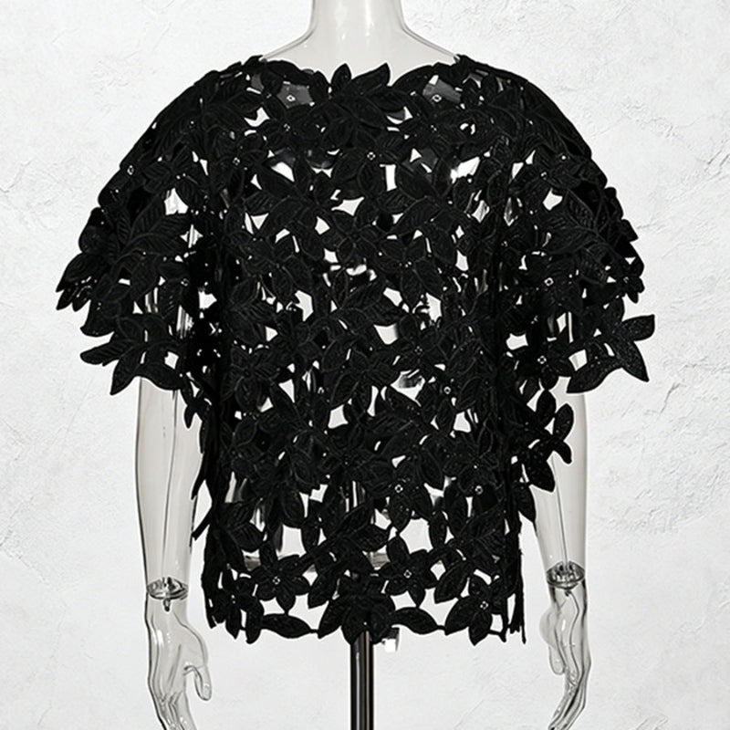 Black Floral Lace Cut-Out Short Sleeve Top