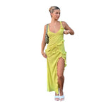 Ruffle Strap V-Neck Split Midi Dress - yellow
