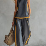 Round-neck Sleeveless Vest Top And High-waist Wide-leg Pants - grey