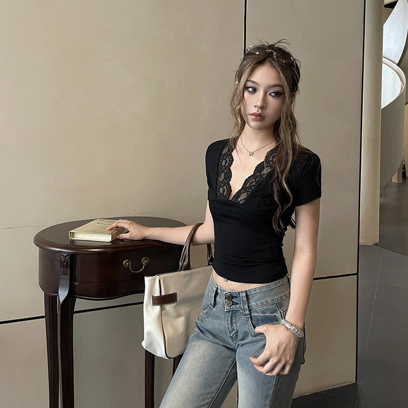 Edgy Lace V-Neck Slim Fit Top