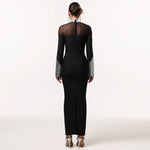 Elegant High Neck Long Sleeve Fitted Sequined Dress - black