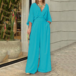 V-neck Short-sleeved Jumpsuit - peacock blue