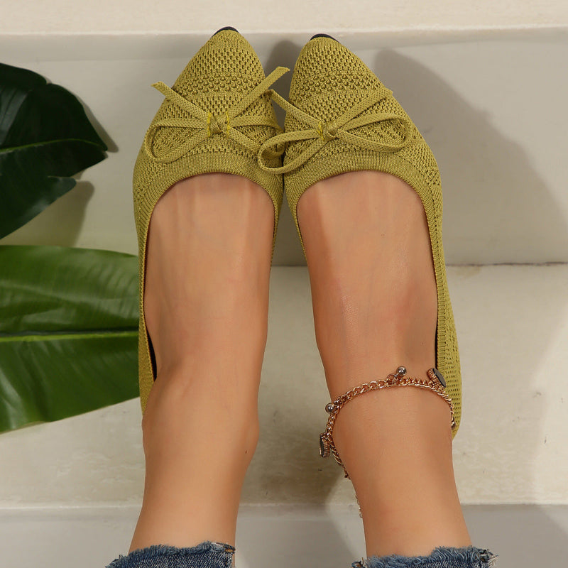 Bow Knitted Pointed-toed Flats Shoes - green