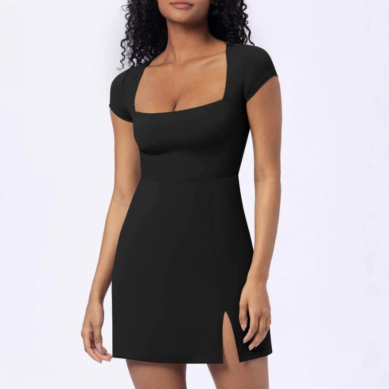 Elegant U-Neck A-Line Midi Dress - black