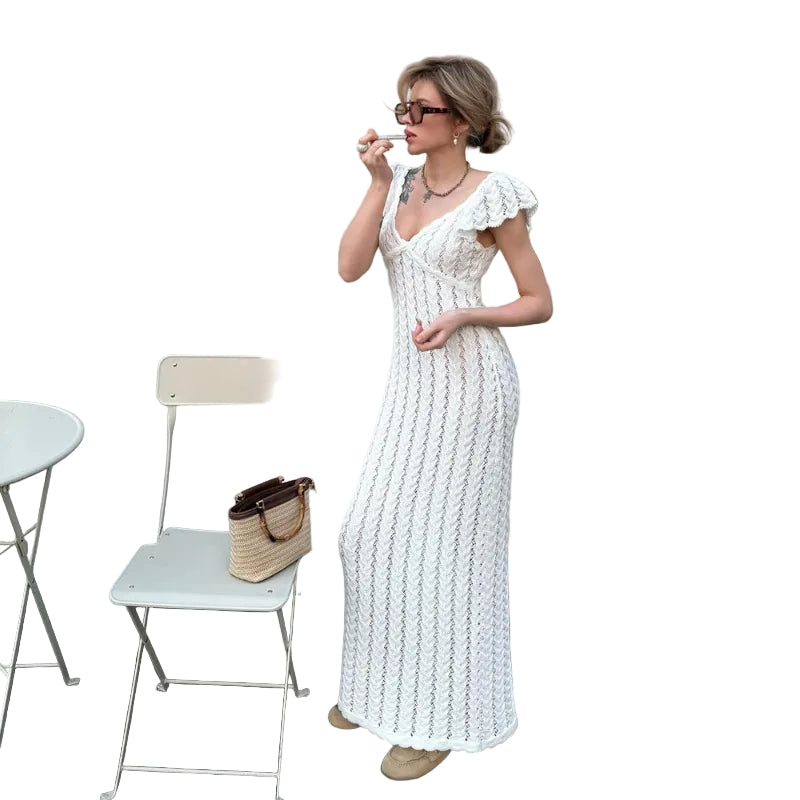 Flutter Sleeve V-Neck Openwork Maxi Dress - white