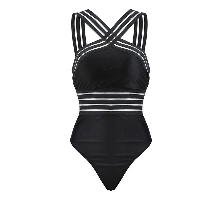 Striped Backless One-Piece Monokini - black