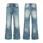 Retro Distressed Cat-Whisker Bamboo Stripe Flared Jeans - blue