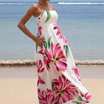 Bohemian Print Large Flower Pocket Maxi Dress - Pink