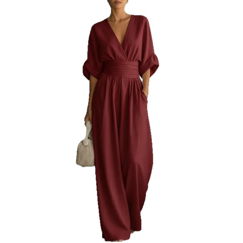 Short-Sleeved Jumpsuit - wine red