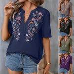 Fashion Flowers Embroidery Short Sleeve T-shirt - Navy Blue