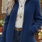 Stand Collar Zip-Up Fleece Jacket - navy blue