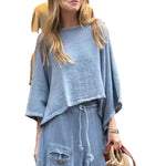 Relaxed Asymmetric Top and Maxi Skirt Set - light blue