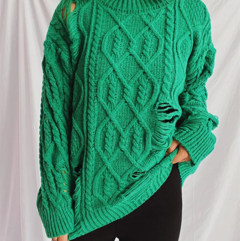 Distressed Cable-Knit Round Neck Long Sleeve Sweater -runwayfashionista.com