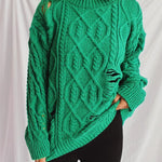 Distressed Cable-Knit Round Neck Long Sleeve Sweater -runwayfashionista.com