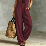V-Neck Contrast-Trim Sleeveless Wide-Leg Jumpsuit - maroon