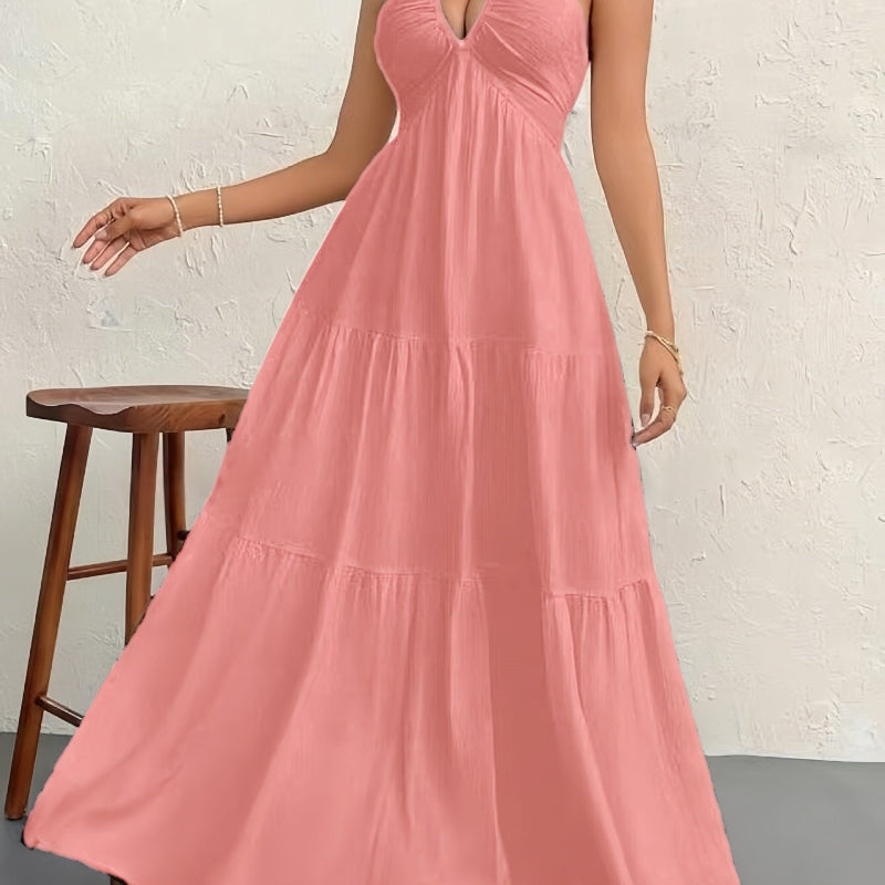 Backless Halterneck V-Neck Pleated A- Line Midi Dress - pink