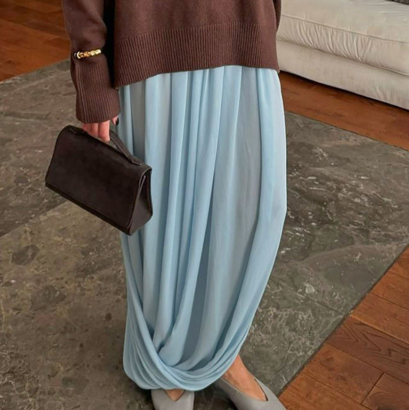 Pleated Draped Maxi Skirt - blue